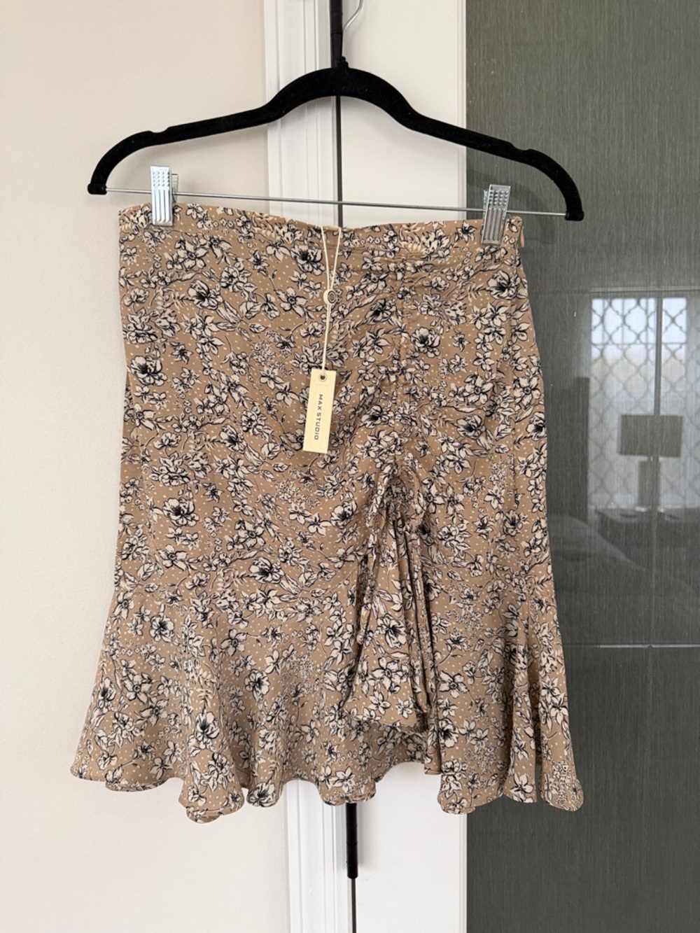 Max Studio Beige Floral A-Line Skirt with Ruffle Hem